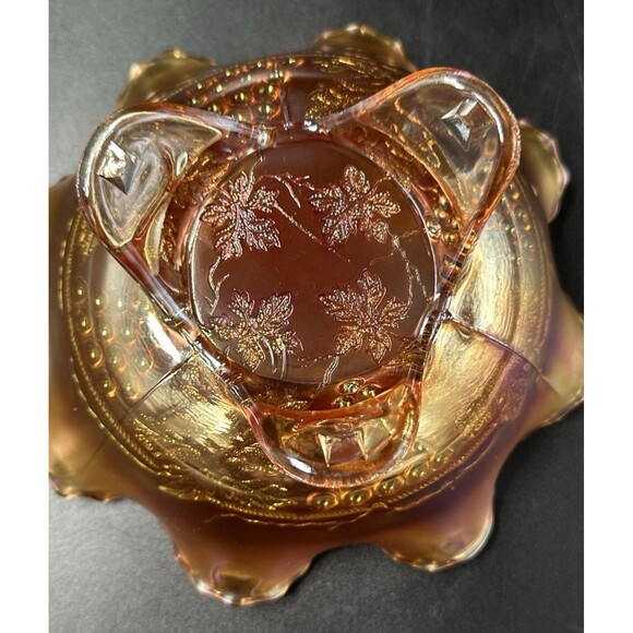 Fenton Edge Leaf Grape and Cable Marigold Carnival Footed Glass Bowl Candy Dish - Picture 9 of 10